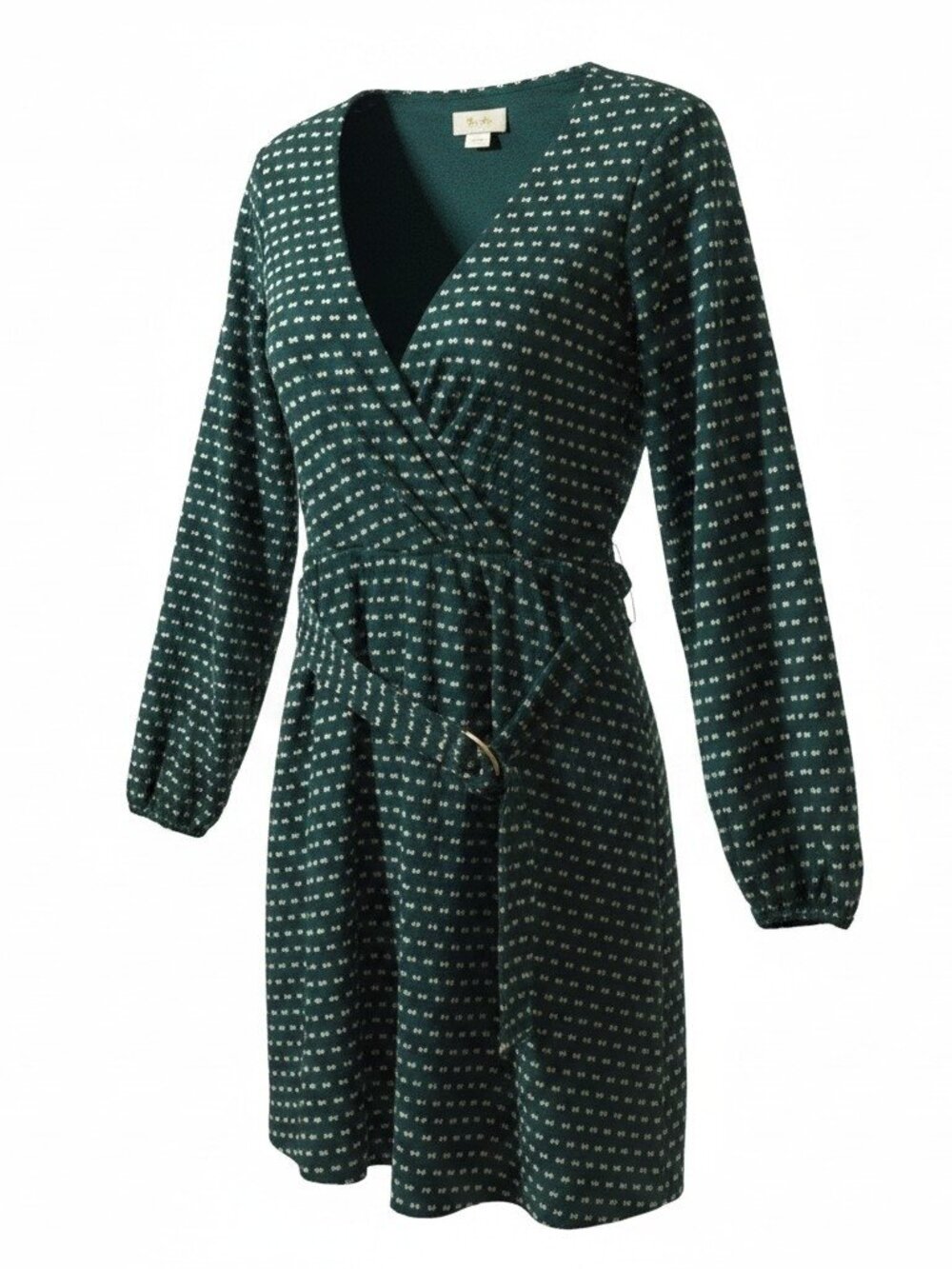 Maeve Anthropologie Wrap Dress Small Green Long Sleeve White Dot Mini Cotton